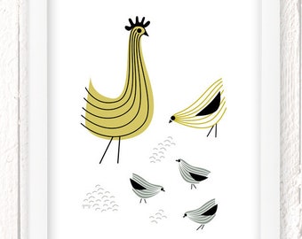 Danish Modern Chicken Art Print, Scandinavian Wall Art, Vintage Retro Rooster, Kitchen Art