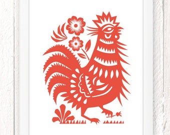 Chicken Posterfor Kitchen, Red Boho Decor, Eclectic Chinese Rooster Rooster Print