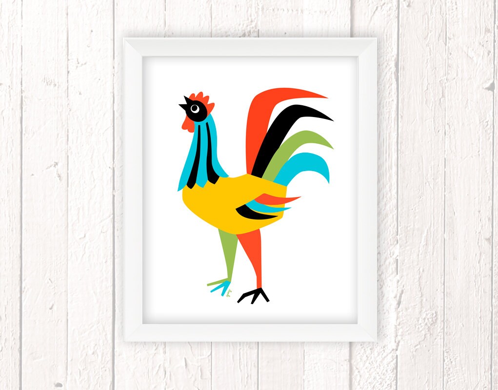 Arte colorido de la cocina impresión del arte del gallo arte | Etsy