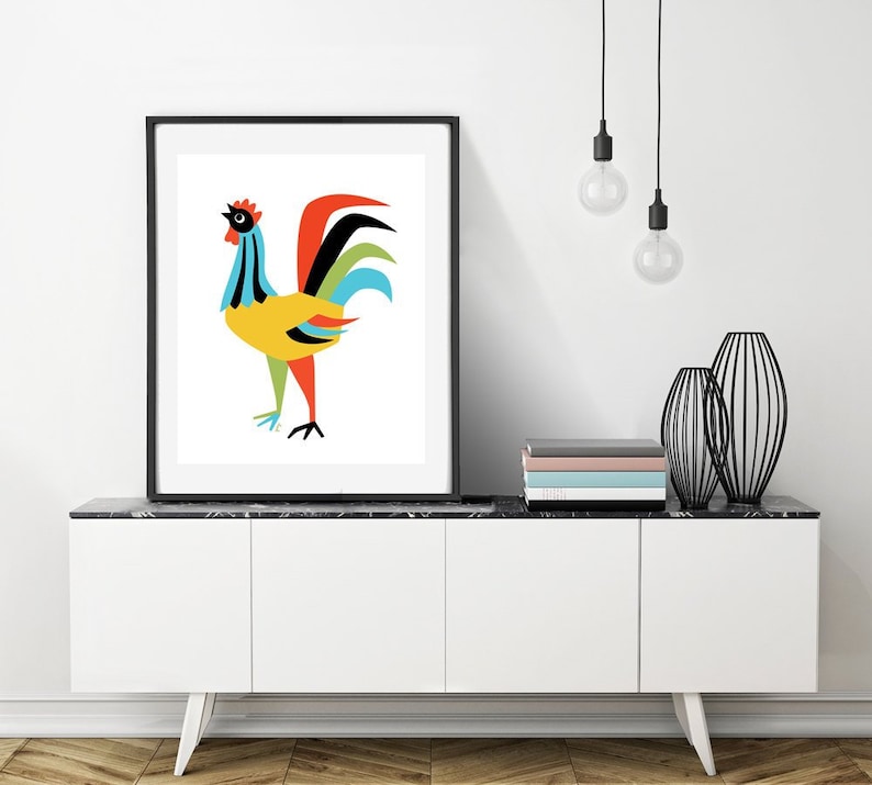 Retro Farmhouse Modern Wall Art Rooster Art Print Colorful Kitchen Art