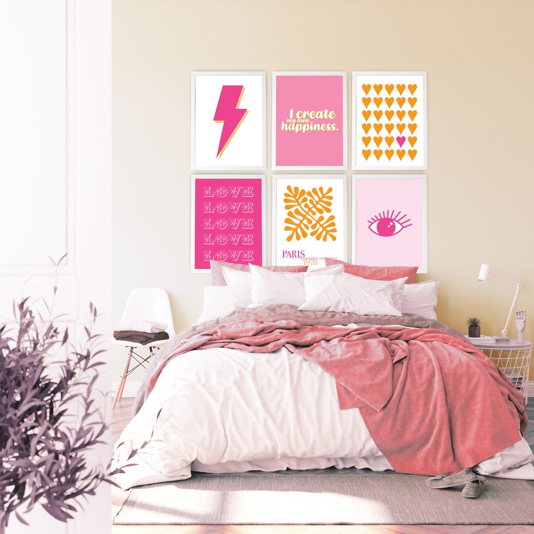 Pink and Orange Preppy Wall Art Set, Printable Dorm Room Art Also Great for  a Girls Bed Room, Gallery Wall Set of 6 Downloadable Prints 