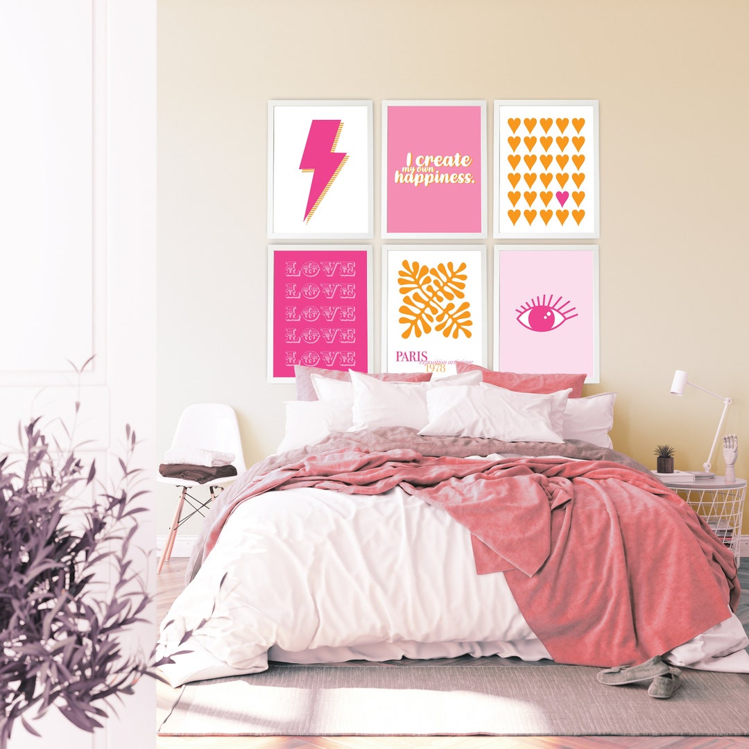 Pink and Orange Preppy Wall Art Set Printable Dorm Room Art Etsy