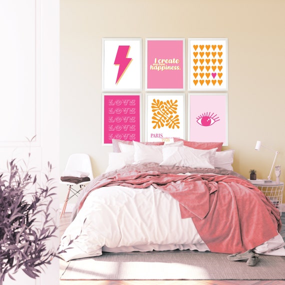 Pink and Orange Preppy Wall Art Set, Printable Dorm Room Art also Great for a Girls Bed Room, Gallery Wall Set of 6 Downloadable Prints