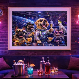 May include: A framed print depicts a space bar scene with anthropomorphic animals. A dog, cat, parrot, and two pugs are dressed in space suits, enjoying cocktails. The bar is set against a backdrop of space, with neon lights and a disco ball.
