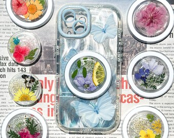 Agarre para teléfono de resina con flores reales: diseño de margaritas y pensamientos hecho a mano