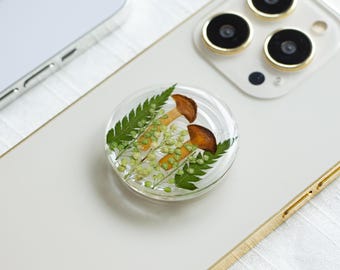 Handmade Mushroom Magnetic Phone Grip: Pressed Flower Resin