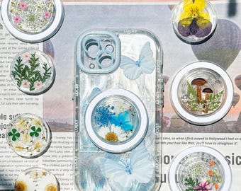 Agarre para teléfono de resina con flores reales: diseño de margaritas y pensamientos hecho a mano