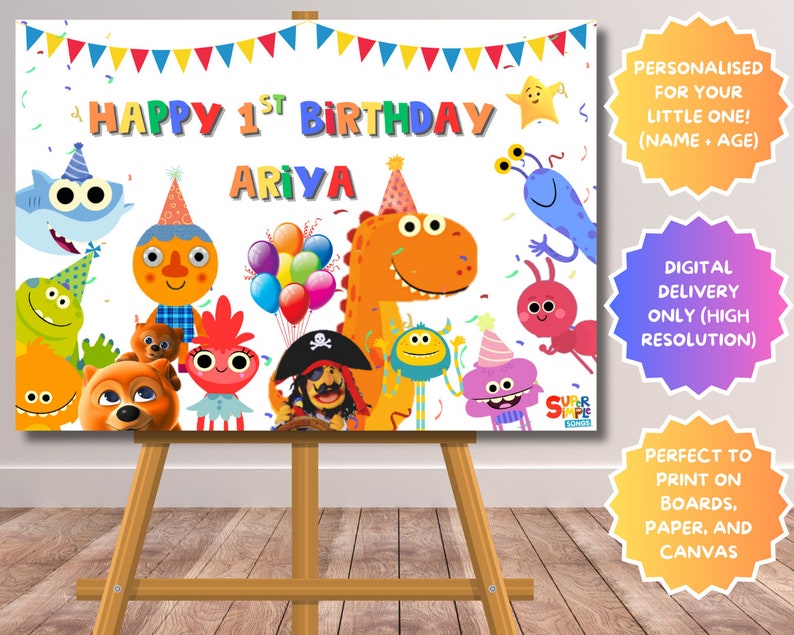 Super Simple Songs Birthday Banner Sign Poster, Personalised Digital