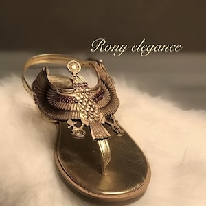 Ancient Egyptian Style Women&#39;s Golden Sandals - Handmade Leather with Horus Design