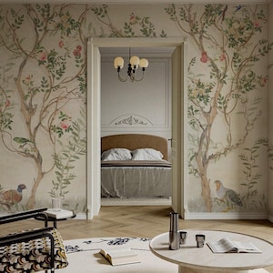 Chinoiserie Wallpaper with Birds and Floral Vines, Vintage Style Botanical Mural, Traditional and Peel and Stick Wallpaper