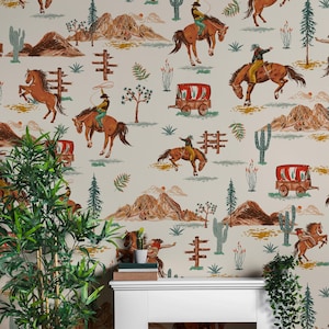 Carta da parati murale con cowboy western, cavalli da rodeo, cactus, carri del deserto e montagne – Decorazione murale vintage a tema Far West