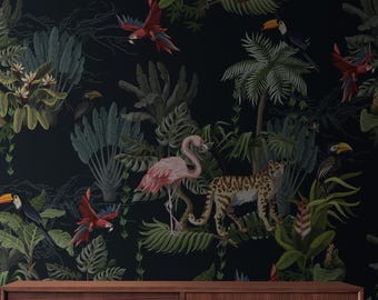 Tropical Jungle Animal Wallpaper Mural: Exotic Botanical Home Wall Decor