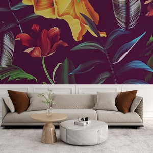 Papier peint feuilles tropicales sombres, décoration murale grandes feuilles, papier peint traditionnel et autocollant