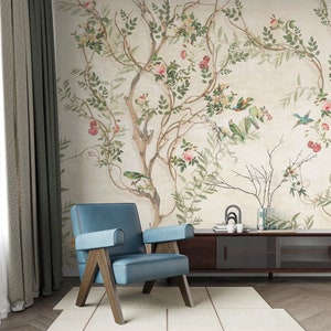 Carta da parati Chinoiserie con uccelli e tralci floreali, murale botanico in stile vintage, carta da parati tradizionale e stacca e attacca