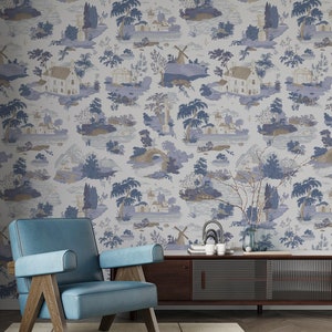 Vintage Toile de Jouy Wallpaper, French Cottagecore Wall Decor, Traditional and Peel and Stick Wallpaper