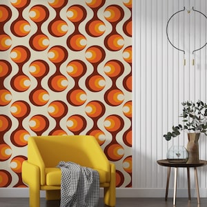Carta da parati arancione retrò anni '70, murale moderno funky di metà secolo, motivo geometrico vintage, decorazione murale in stile mod groovy