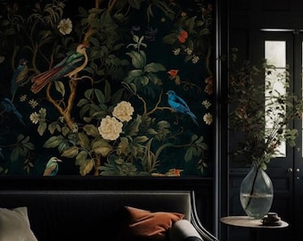 Dark Botanical Wallpaper - Elegant Flowers Bird Pattern Mural
