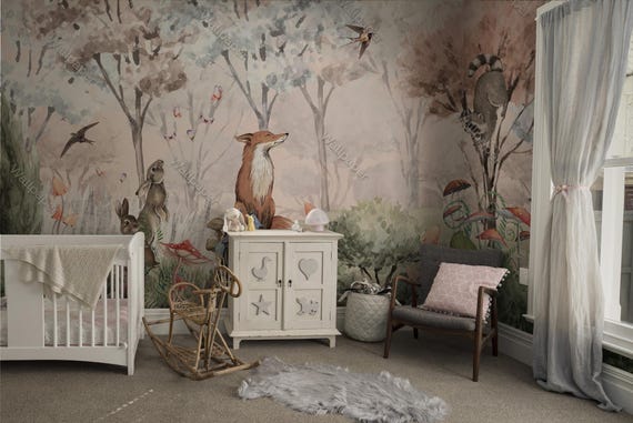Whimsical Woodland Animals Nursery Wallpaper - Pink Nature Scene Animals Peel and Stick Wall Mural