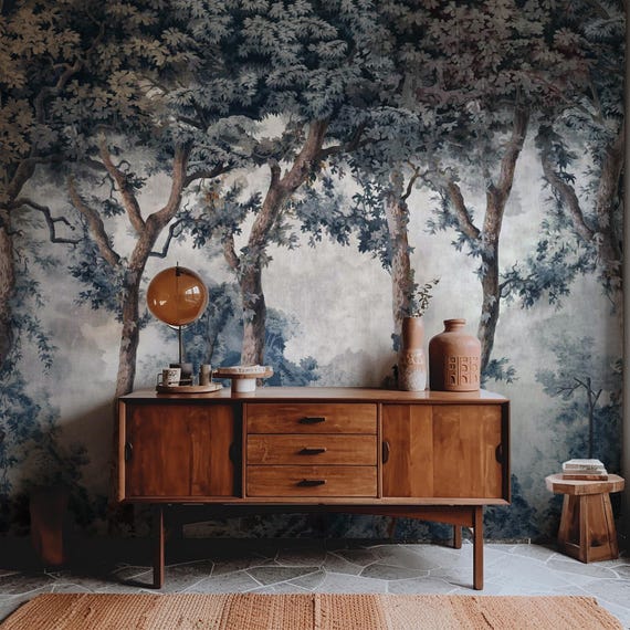 Trees and Stone Urn Vintage Forest Wallpaper, Classic Woodland Landscape Removable Wallpaper, Nature Scenic Peel and Stick Wall Mural