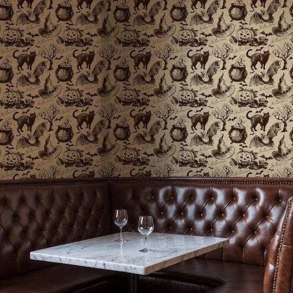 Happy Halloween Themed Wallpaper, Vintage Haunted Mansion Home Decor, Spooky Retro Holiday Wall Mural, Peel and Stick Wallpaper