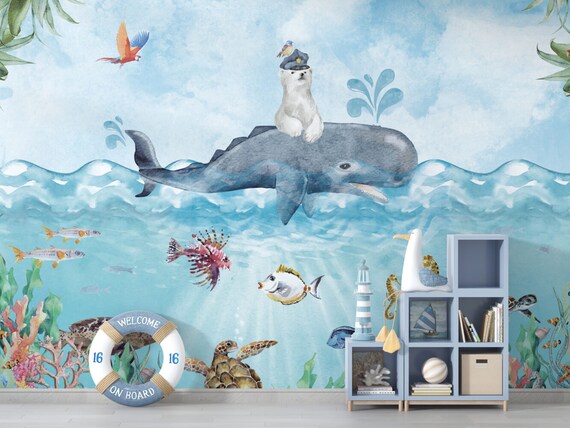 Nursery Cute Whale and Polar Bear Wallpaper, Ocean Creatures Wallpaper, Traditional and Peel and Stick Wallpaper