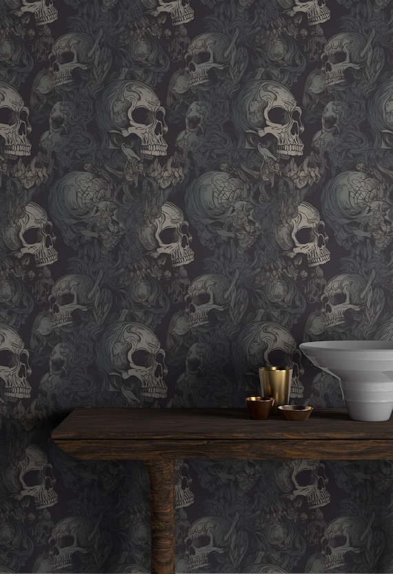 Dark Gothic Skull Wallpaper,  Dark Grunge Horror Art with Vintage Skeleton Design, Halloween Decor, Alternative Room Style