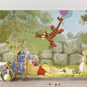 Carta da parati per bambini Winnie The Pooh, carta da parati per bambini con simpatici palloncini e avventure, carta da parati tradizionale e stacca e attacca