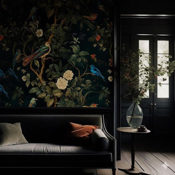 Dark Botanical Bird Wallpaper - Elegant Floral Jungle and Bird Pattern Mural