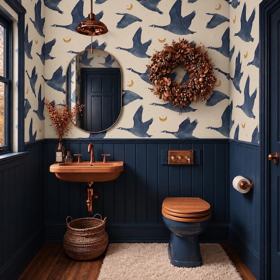 Boho Flying Bird Wallpaper: Navy Watercolour Goose Moon Wall Mural