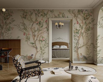 Birds and Floral Chinoiserie Wallpaper - Vintage Style Botanical Peel and Stick Wall Mural
