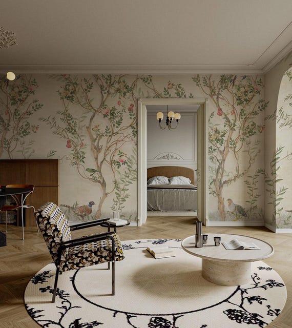Birds and Floral Chinoiserie Wallpaper - Vintage Style Botanical Peel and Stick Wall Mural