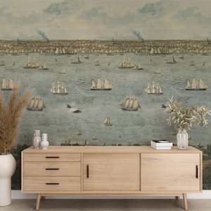 Vintage Sailing Ships And Harbor Scene Wallpaper, Nautical Pell and Stick Wallpaper, Historic Maritime Landscape Removable Wall Mural