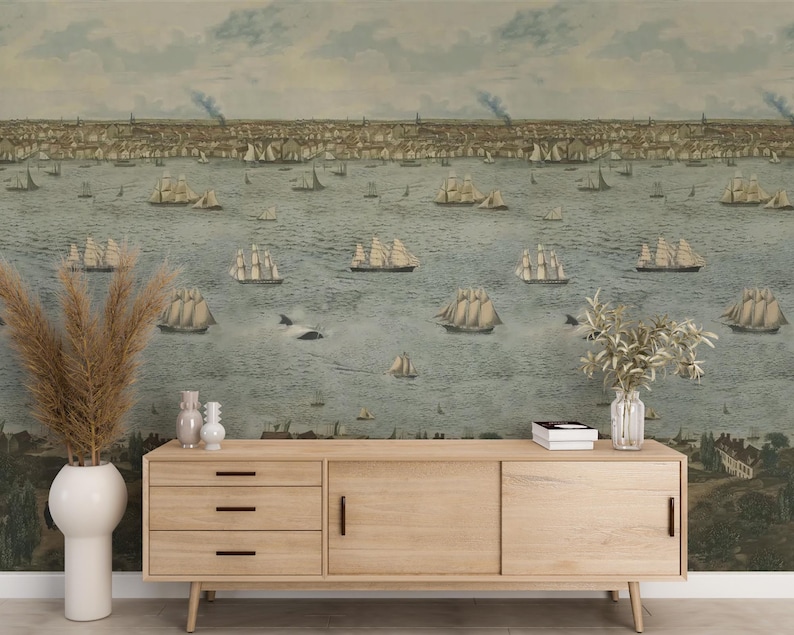 Vintage Sailing Ships And Harbor Scene Wallpaper, Nautical Pell and Stick Wallpaper, Historic Maritime Landscape Removable Wall Mural