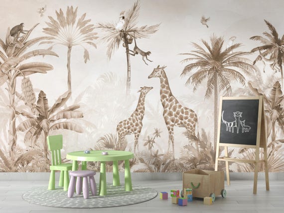 Sepia Toned Jungle Safari Wallpaper, Two Giraffe Wall Mural, Tropical Animal Wall Art, Tropical Wall Poster, Exotic Animal Wall Decoration