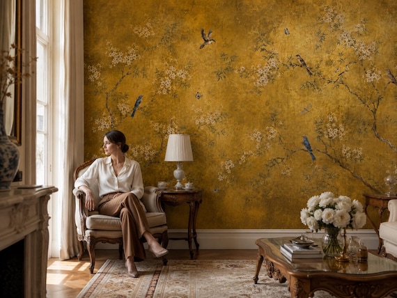 Gold Chinoiserie Wallpaper - Antique Bluebird Blossom Peel and Stick Wall Mural