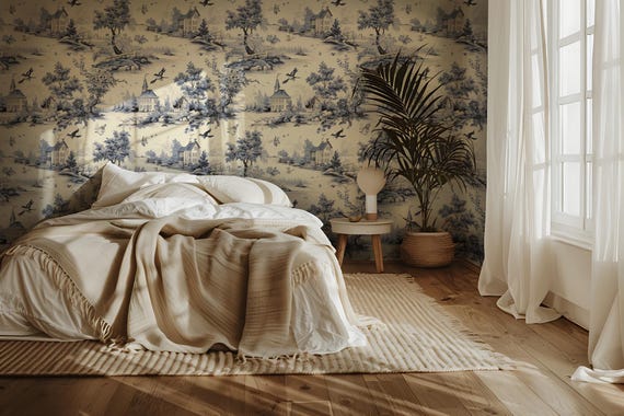 Country Houses Vintage Toile de Jouy Wallpaper -  Elegant Blue And White French Pastoral Wall Mural - Selfadhesive and Traditional Wallpaper