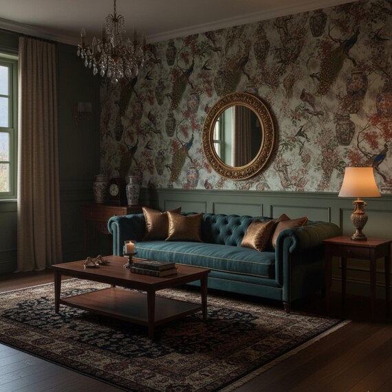 Chinoiserie Peacock Wallpaper - The Elegance of a Quiet Garden, Oriental Vases and Red Maple Branches Wallpaper