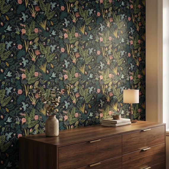 Dark Floral Bird Wallpaper - Vintage Botanical Moody Nature Wall Art