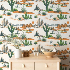 Carta da parati estetica occidentale, decorazione murale con cactus, arte murale occidentale, carta da parati tradizionale e stacca e attacca