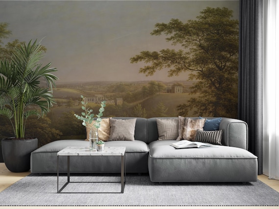 Vintage Pastoral Countryside Cottage View Wallpaper, Classical Trees in Soft Earthy Tones for Elegant Wall Decor, Landscape Wall Mural