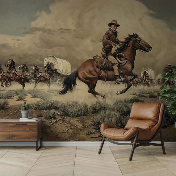 Western Cowboy Landscape Wallpaper, Wild West Cowboys Wall Mural, Traditional and Peel and Stick Wallpaper