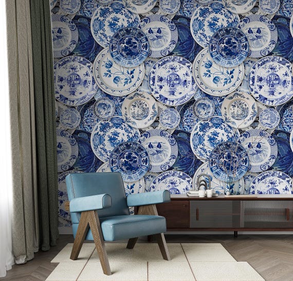 Blue and White Porcelain Vintage Wallpaper, Chinoiserie Plate Wall Mural, Delft Pottery Wall Art, Traditional Ceramic Dish Pattern Decor