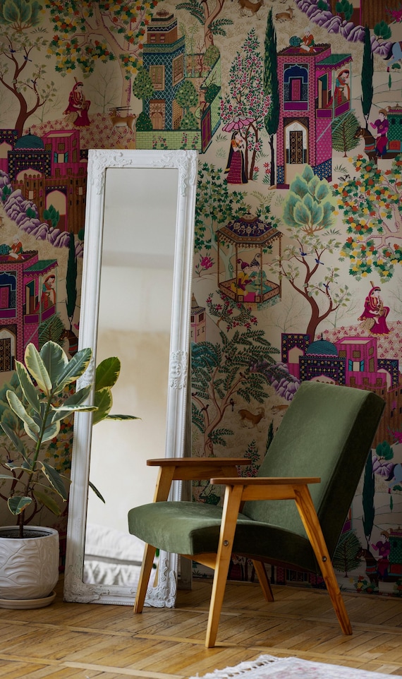 Persian Miniature Style Wallpaper, Colorful Traditional Eastern Figures Removable Wallpaper, Peel & Stick Wall Mural