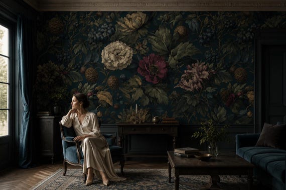 Oversized Dark Floral Wallpaper - Moody Peony Vintage Botanical Wall Mural
