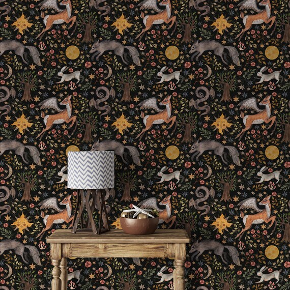 Mystical Forest Wallpaper, Dark Fantasy Woodland Mural with Celestial Sun Moon Stars, Traditional and Peel and Stick Wallpaper