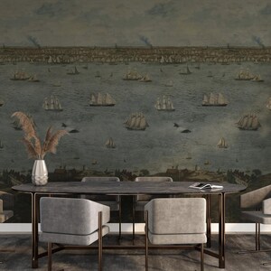Vintage Sailing Ships And Harbor Scene Wallpaper, Nautical Pell and Stick Wallpaper, Historic Maritime Landscape Removable Wall Mural