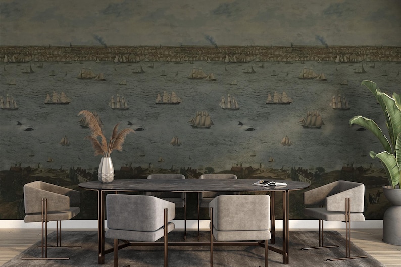 Vintage Sailing Ships And Harbor Scene Wallpaper, Nautical Pell and Stick Wallpaper, Historic Maritime Landscape Removable Wall Mural