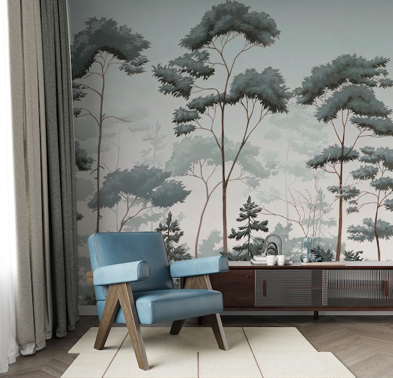 Scandinavian Pine Forest Wallpaper, Soft Blue Green Tones Misty Forest Wall Mural,  Forest Landscape Housewarming Gifts
