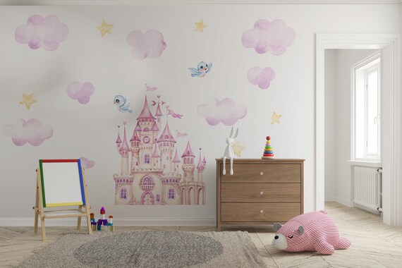 Princess Castle Wall Decal for Girls Room, Fairy Tale Nursery Wall Stickers, Pink Cloud and Star Kids Room Decor, Kids Room Gift Wall Decals