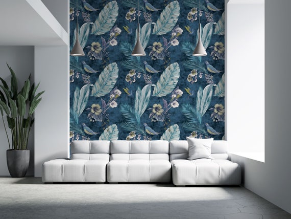 Tropical Leaves and Birds Wallpaper, Tropical Wall Home Decor, Turquoise and White Background, Traditional and Peel and Stick Wallpaper